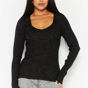 Anthropologie Black Metallic Scoop-Neck Sparkle Knit Top
